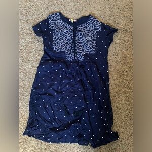 Downeast basics Mimi and Daphne knee length embroidered navy blue lace up dress